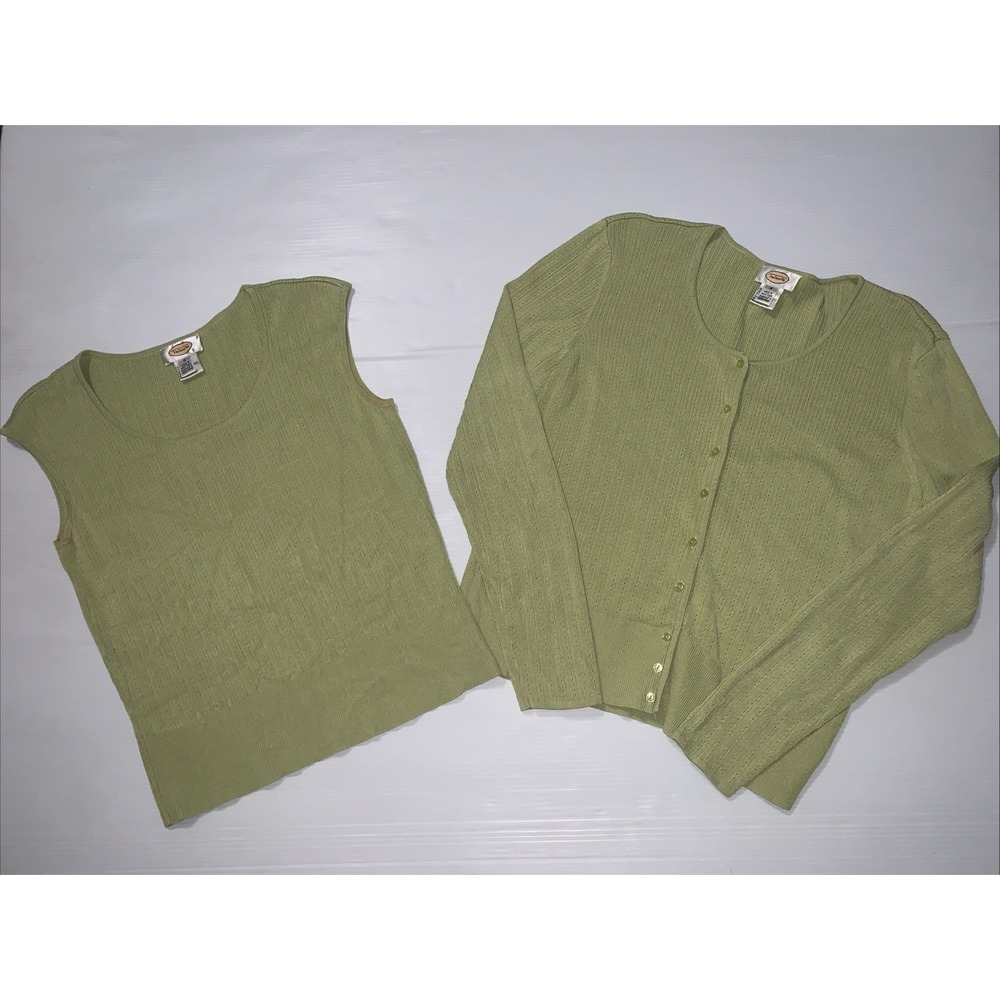 Talbots Ribbed Knit Sweater Twin Set Silk Blend Green Cardigan & Tank Top Sz S/M